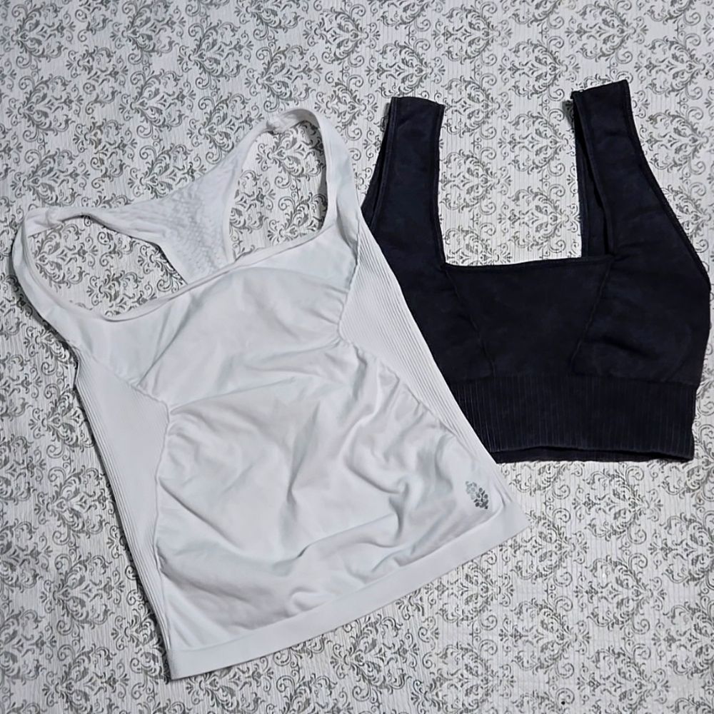 Free People Movement Good Karma Long Tank Square Bra Set NEW M/L White